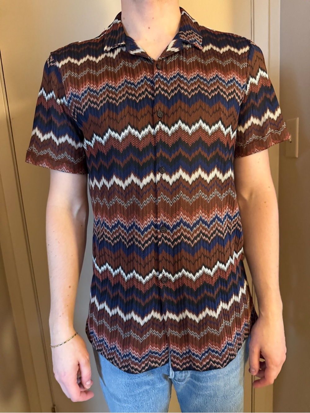 Topman Zigzag Button-Down Shirt in Brown, Blue and White